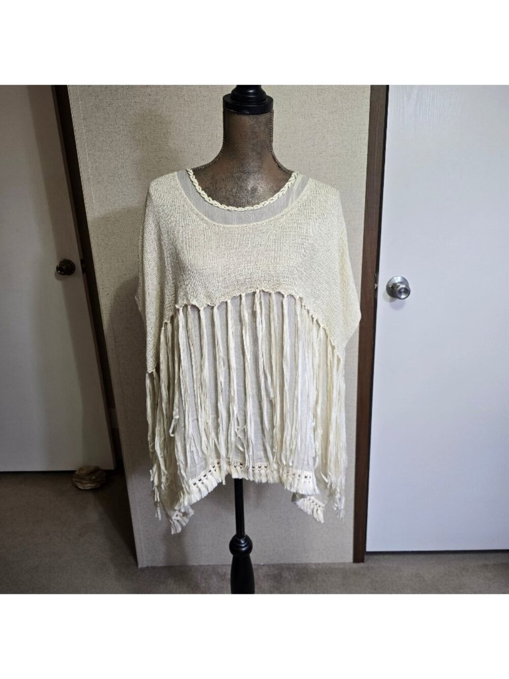 Petrol S/M Fringe Knit Top Ivory Beige Boho Boxy Lightweight Layered Oversized